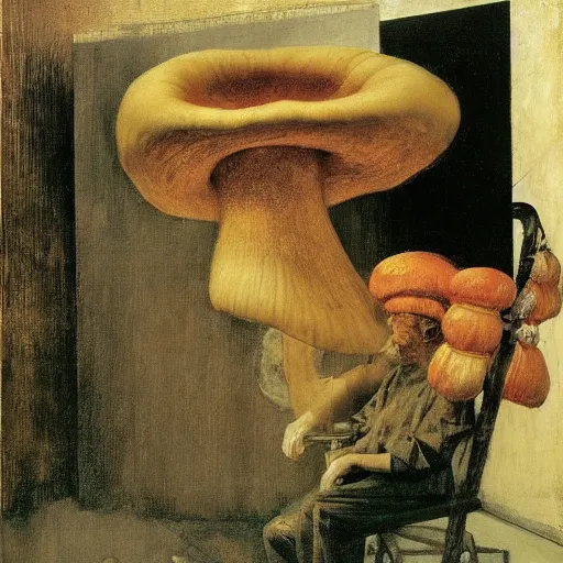 Image similar to man fungal ears Mushroom Cretin the Hermit camouflaged as a toadstool wearing a black shirt odd nerdrum robert rauschenberg nelson shanks giorgio de chirico