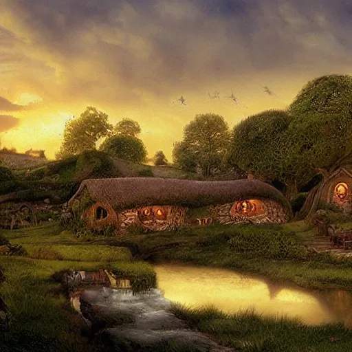 Image similar to Hobbiton by the river at the countryside in the evening, highly detailed matte painting, Alan Lee, Artstation,