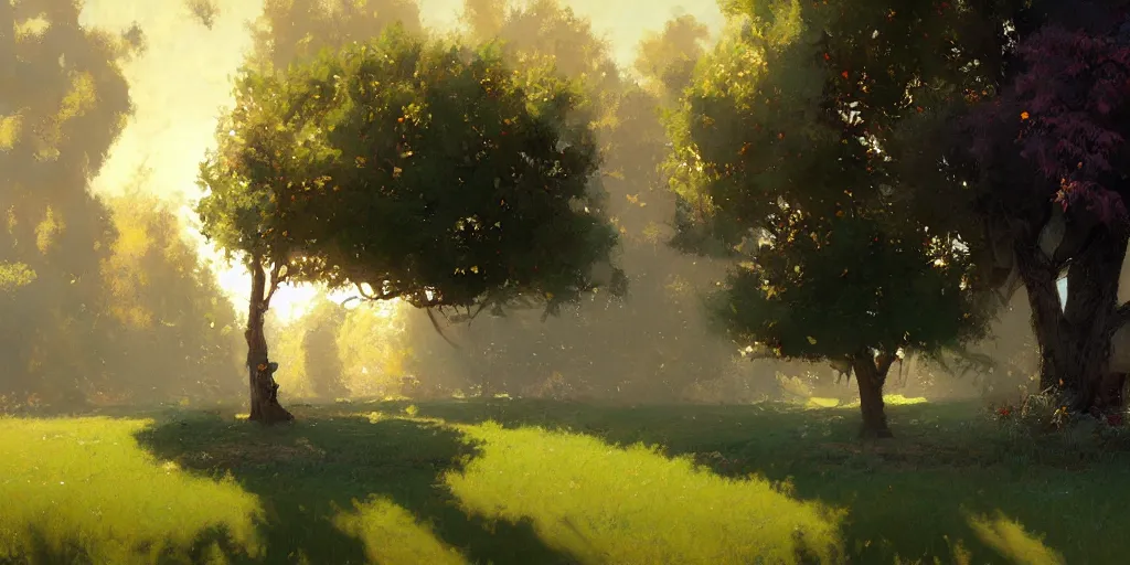 Image similar to digital art painting of a single tree in the middle of a front yard painted by craig mullins and gaston bussiere and greg rutkowski