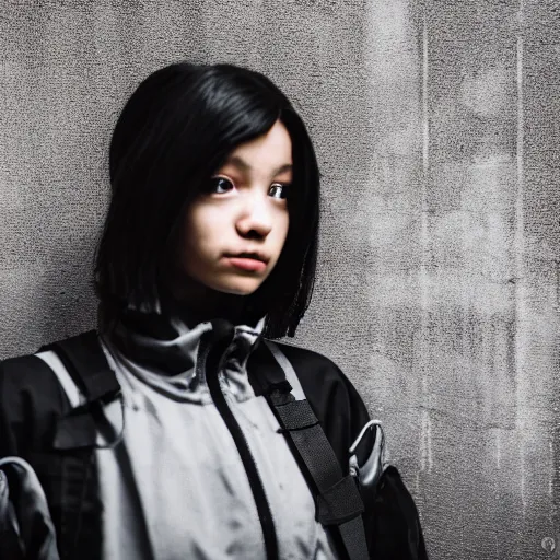 Image similar to photograph of a techwear mixed young woman inside a hidden busy speakeasy, closeup, brutalist design, sigma 85mm f/1.4, 4k, depth of field, high resolution, 4k, 8k, hd, full color