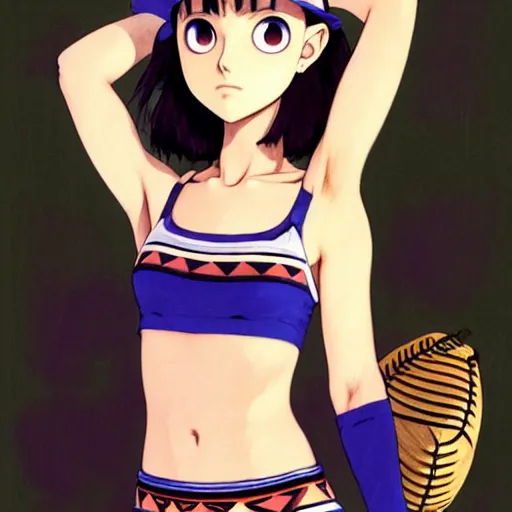 Image similar to beautiful boyish natalie portman gravure model in majora's mask, wearing wooden mask and baseball cap and leotard, street wear with subtle mayan patterns, aztec bathing suit, gapmoe yandere grimdark, trending on pixiv fanbox, painted by greg rutkowski makoto shinkai takashi takeuchi studio ghibli, akihiko yoshida