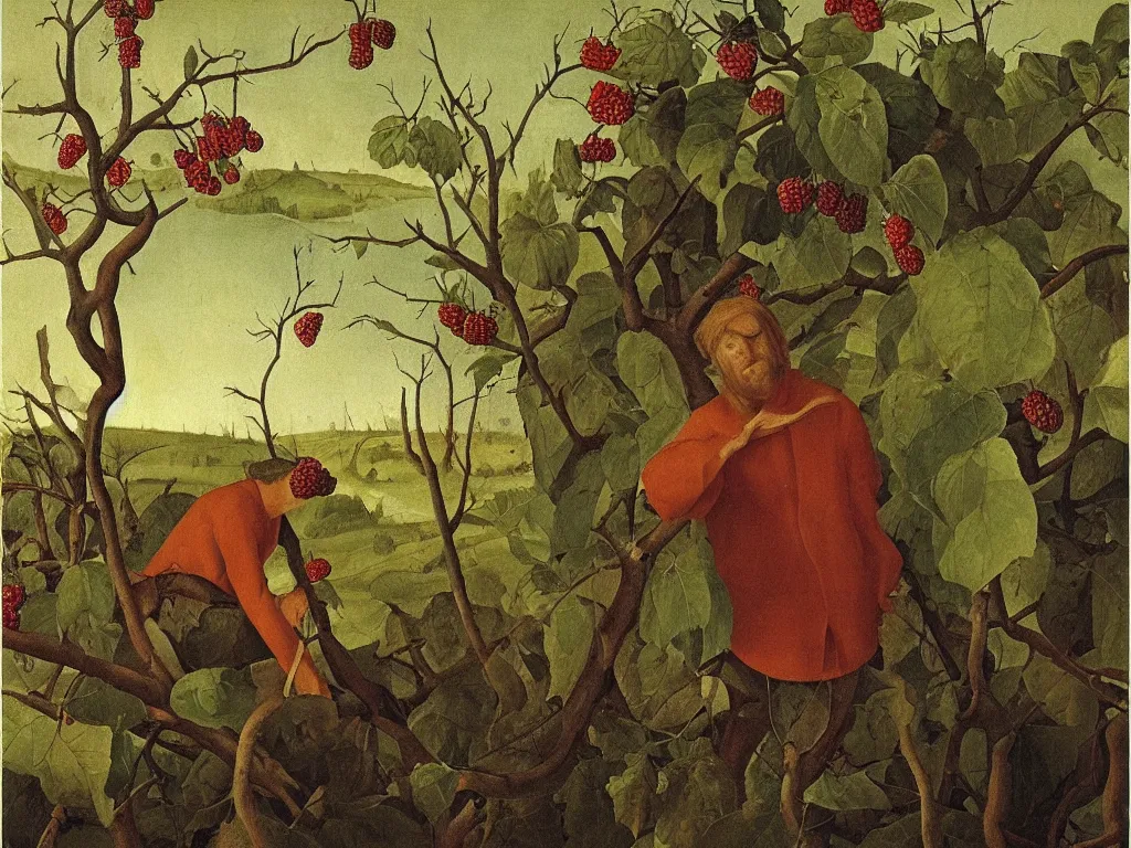 Prompt: perfect young man hiding between wild thorns and raspberries. Shadows loom over the land. Painting by Bosch, Bekinski.