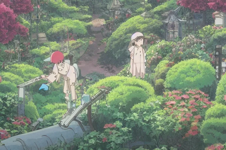 Image similar to still from the miyazaki anime film garden in the sky, a garden in the clouds, robot gardener, beautiful garden island, studio ghibli cartoon