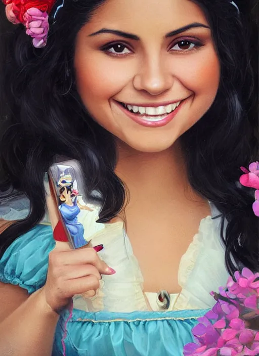 Prompt: beautiful thirty year old woman with long black hair, tan skin, curvy hourglass figure, round cute face, slight resemblance to selena gomez and vanessa hudgens and jenna coleman wearing a colorful frilly disney princess dress and mickey mouse ears. she has a friendly smile. beautiful painting by artgerm and greg rutkowski lois van baarle and bouguereau