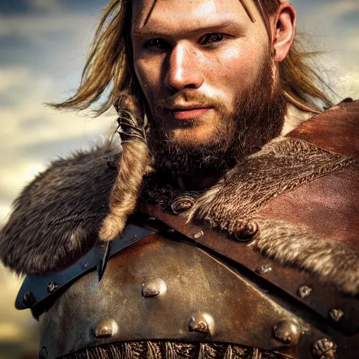 Prompt: a 9 th century viking, extremely pronounced masculine features, leather armor with nordic religious decorations, low dutch angle, face in focus, natural lighting, realism, nordic facial structure, muscular