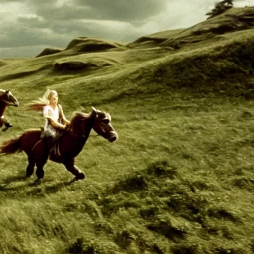 Image similar to still from lord of the rings showing the ride of the rohirrim, riding toward minas tirith on alpacas