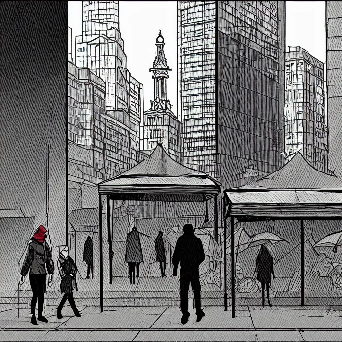 Image similar to close view of market stall. umbrellas on the stall. set in a square, pedestrians walk past. background of old soviet monument. storyboard, scifi cyberpunk. by gabriel hardman, joe alves, chris bonura. cinematic atmosphere, detailed and intricate, perfect anatomy