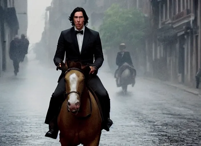 Image similar to first official image from bond 2 6, starring adam driver as agent 0 0 7, riding a horse through the streets of valparaiso, chile in heavy rain. directed by alejandro inarritu. stunning cinematography, kodak vision 2 0 0 t, high contrast, anamorphic lens, chromatic aberration.