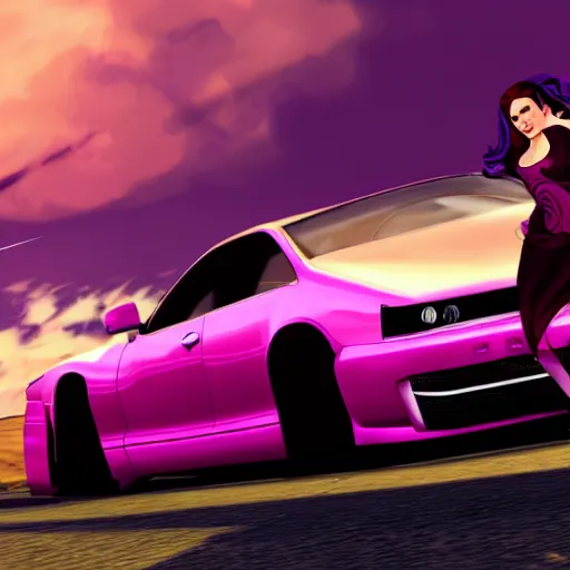 Prompt: a stunning GTA V loading screen with a beautiful woman with ombre hairstyle in purple and pink blowing in the wind leaning on a car, digital art, trending on artstation
