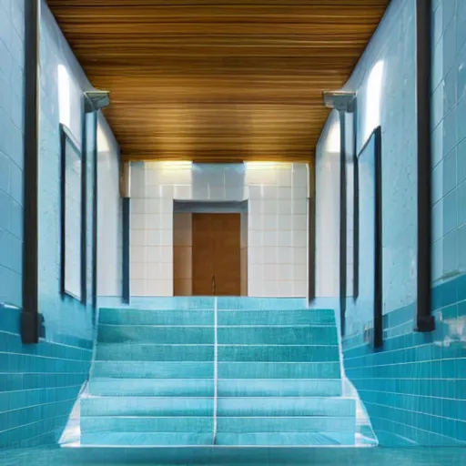 Prompt: windowless hall with small blue tiles, steps to a a water pool