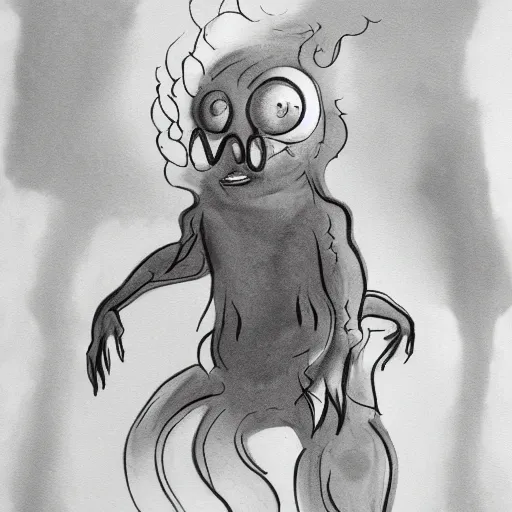 Prompt: inkwash translucent cartoon monster in liminal space