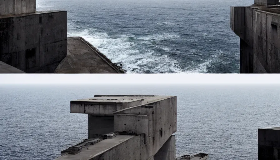 Image similar to coastal perched on a cliff overlooking a magnificient bay, brutalist imperial military base, drawing architecture, ultra very long shot, top angle, imperial architecture in rogue one, pritzker architecture prize, brutalism architecture, jan urschel, greig fraser