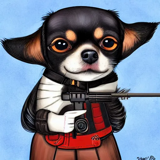 Image similar to cute chihuahua holding a sniper rifle, digital art