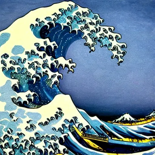 Image similar to a beautiful impasto oil painting of the great wave painted by claude monet!!, impressionism!
