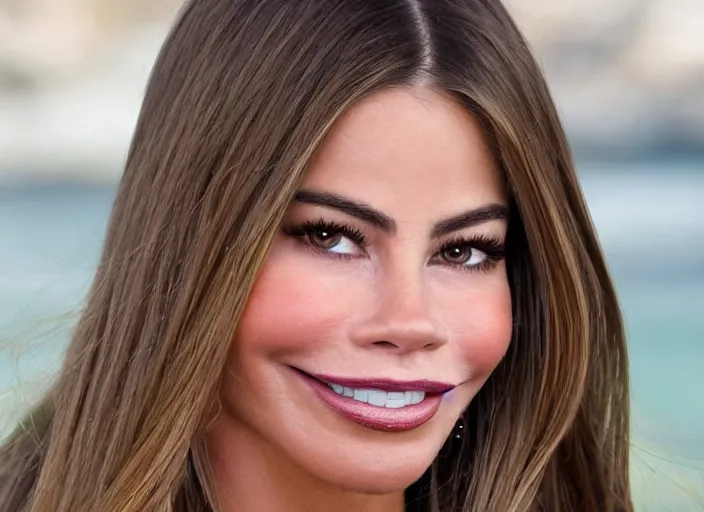 Image similar to close up portrait photograph of Sofia Vergara!!! sunbathed skin, symmetric face!!! with deep green ((Symmetric round eyes!!! )) . Wavy long hair. she looks directly at the camera. Slightly open mouth, face takes up half of the photo. an ocean visible in the background. 55mm nikon. Intricate.