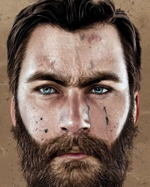 Image similar to 🥺😰 portrait of muscular, tired and alcoholic 3 0 - year - old handsome man with short darkblonde hair, serious sad look in his eyes, dirty beard, blue eyes, crying, wearing dirty soldier uniform, on the desert, hyper realistic face, beautiful eyes, character art, art by mark brooks, hyperdetailed, cryengine, trending on artstation, digital art