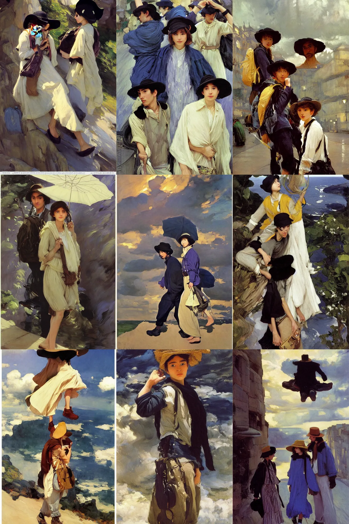 Prompt: bestselling movie poster of a portrait of fashionable young adventures wearing backpacks and large flat hats and cloud ponchos, dramatic light, thunder in the city, stormy moods by frederick judd waugh, simple form, brutal shapes, shaman, pixiv, 1970s fashion, official media, studio ghiblil, artwork by Joaquin Sorolla john william waterhouse Denis Sarazhin and James Jean klimt rhads van gogh Dean Ellis Detmold Charles Maurice