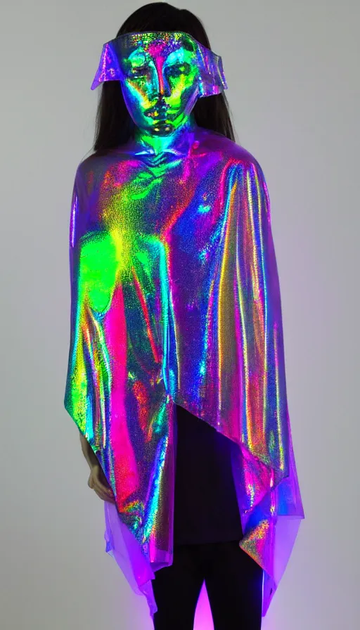 Prompt: transparent poncho, holographic plastic, pearl shine translucency, fashion design, neon illumination, qr detailed sleeves, sport photoshoot - w 6 4 0