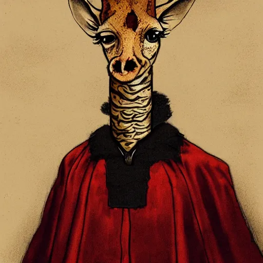Prompt: a regal giraffe dressed as dracula, rembrandt style portrait
