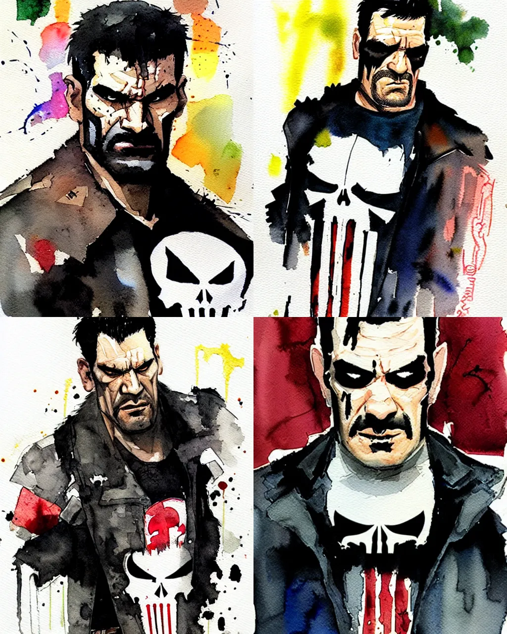 Prompt: punisher portrait by dustin nguyen, masterpiece, watercolor, sharp foreground