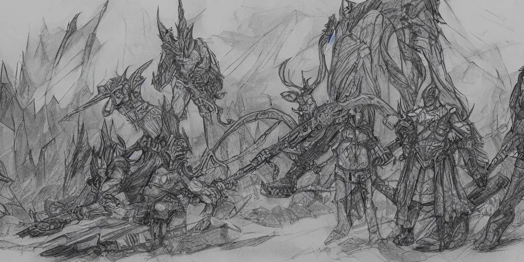 Image similar to concept artwork for a fantasy world, drawn by luke adam hawker, sketches, pencil drawings, ink and pen.