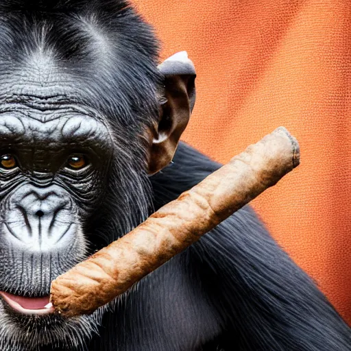 Image similar to a high detail closeup shot of a chimp wearing a suit, smoking a cigar