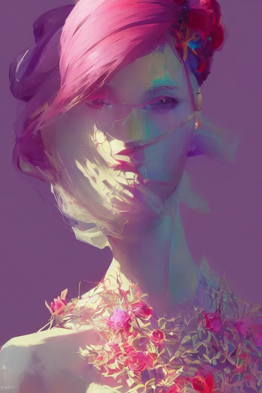 Image similar to elegant, beautiful woman in colourful clothing, ultrafine illustrated, ultradetailed flowery environment, by conrat roset, makoto shinkai, craig mullins, alphonse murac, detailed artwork, extremely detailed and high quality, global illumination, octane render, digital art trending on artstation