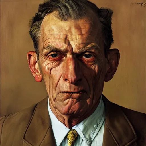 Image similar to high quality high detail painting by norman rockwell and lucian freud, hd, portrait of a dangerous psychopath, intense demonic look in the eyes, photorealistic lighting