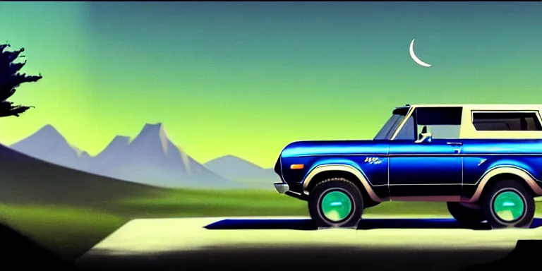 Image similar to a cinematic keyframe matte painting of a sleek 1 9 7 0 s vaporwave concept vehicle retro - futurism sci - fi skey blue ford bronco car in an open garage in the colorado, view from the street. in the moonlight. rocky mountains. by eric lafforgue, glennray tutor and edward hopper, greg rutkowski. trending on artstation.