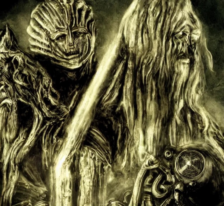 Image similar to frodo!! and gandalf!!, style of h. r. giger, movie still, cinematic