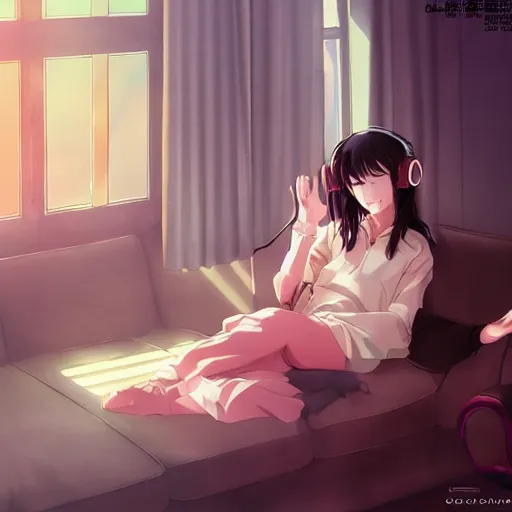 Image similar to anime beautiful girl sits on the sofa and listens to music, the sun shines through the window, clear face, beautiful body, dream light, focus on the face, highly detailed, 8 k, pixiv, concept art, in style of kyoto animation, by cushart krenz