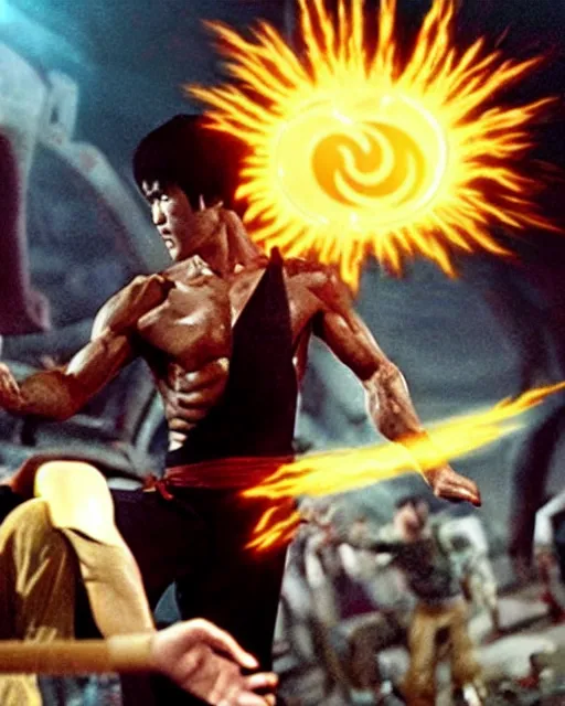 Image similar to bruce lee as kenshiro in live action fist of northstar movie, a bright glow surrounds his body, particle effects, hyperreal, post apocalyptic, mutants, martial arts, cinematic