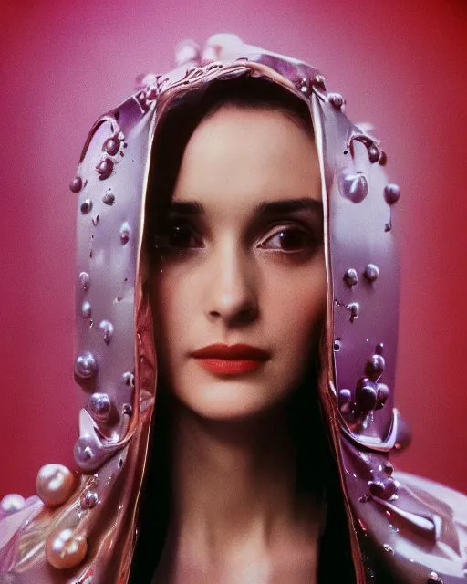 Image similar to beautiful young winona ryder wearing a futuristic metal kimono, half body portrait, greg kutkowski, sharp details, soft lighting, subsurface scattering, pearls of sweat, glistening skin, warm lighting