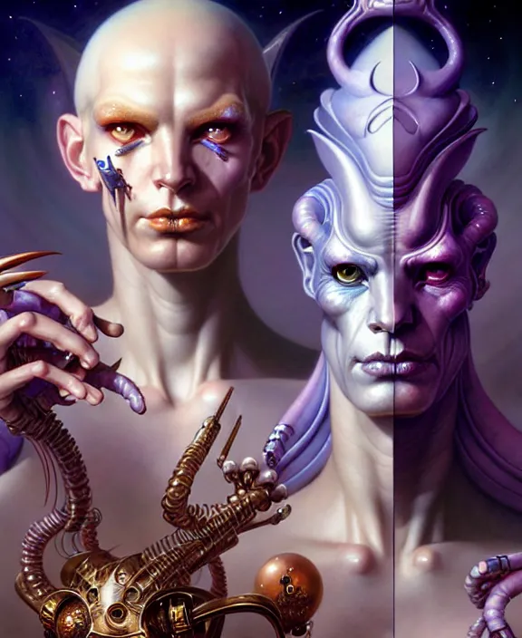 Image similar to beautiful gemini good and evil fantasy character portrait, ultra realistic, wide angle, intricate details, the fifth element artifacts, highly detailed by peter mohrbacher, hajime sorayama, wayne barlowe, boris vallejo, aaron horkey, gaston bussiere, craig mullins
