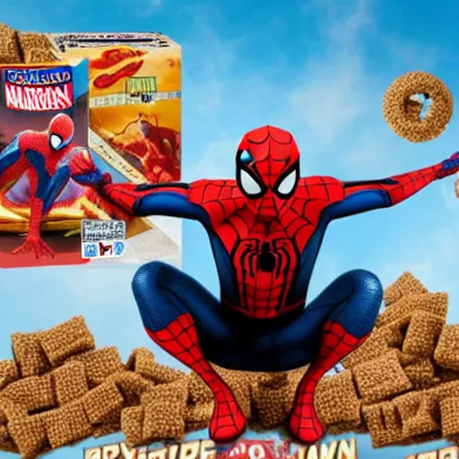 Prompt: spider-man on a cereal box, 8k realistic photo