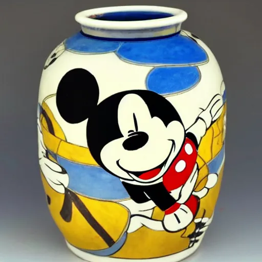 Image similar to vase work, vase art of Mickey Mouse in art style of chinese art, fragmented clay firing chinese vase with an Mickey Mouse in the style of ancient chinese art, ancient chinese art!!!!! chinese art