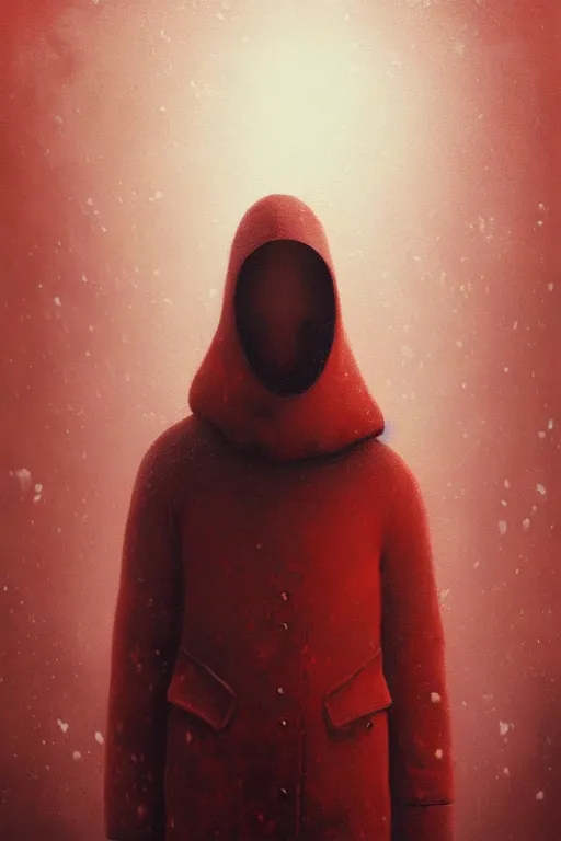 Image similar to a painting of a person standing in the snow, blizzard, a surrealist painting by zdzisław beksinski and by alena aenami, deviantart, nuclear art, dystopian art, apocalypse landscape, red color scheme, surrealist