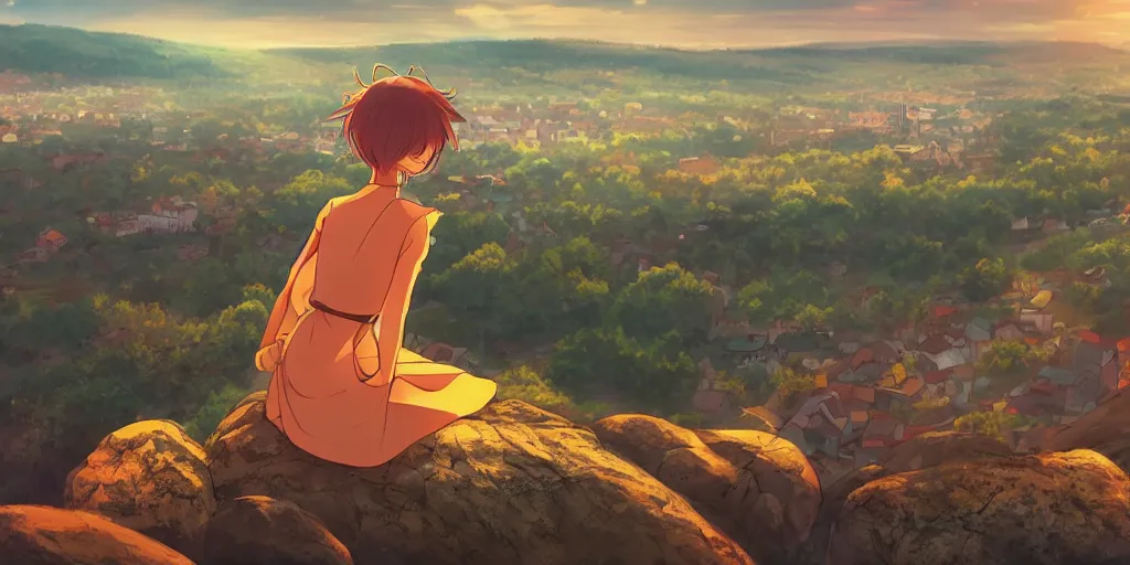 Image similar to tsarevna sitting on a rock off to the side looking down upon swedish town, during dawn, cinematic, very warm colors, intense shadows, anime illustration, anime screenshot composite background