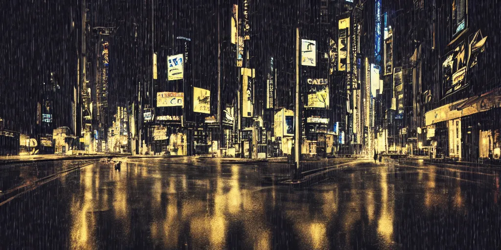 Prompt: a city street at night, raining, photograph, cyberpunk, sharp focus, intricate detail, Desolate, drone shot, high resolution,
