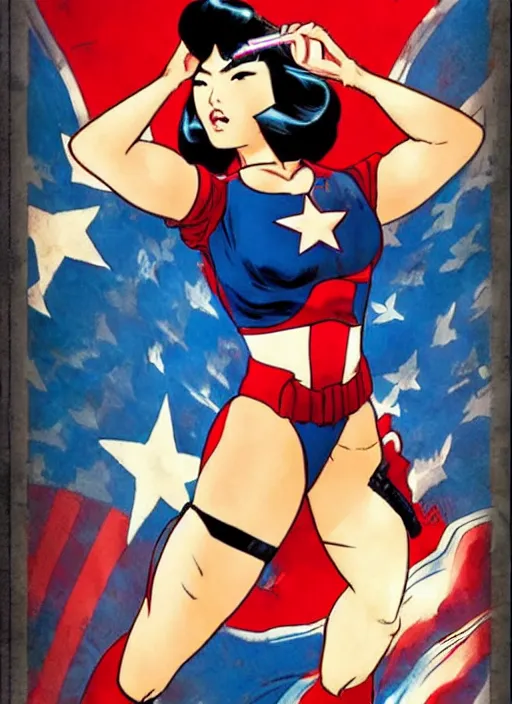 Prompt: asian female captain america. feminist captain america wins ww 2. american ww 2 propaganda poster by masamune shirow, rob liefeld and pixar. gorgeous face. geisha. pin up. overwatch.