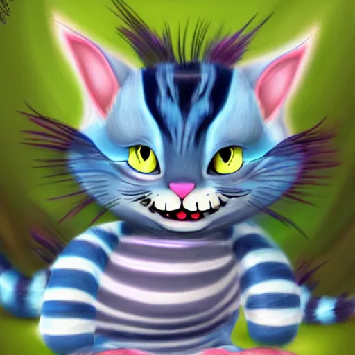 Image similar to cute blue striped cheshire cat. an adorable cat with light blue stripes, blue eyes and a big mischievous smile. stunning digital art by mona sundberg. fluffy, plush - like