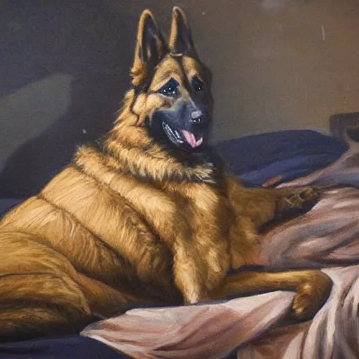 Image similar to a oil painting of a anthropomorphic german shepherd beast - man, wearing military outfit, lying on a humble unmade bed wrinkled bed sheets