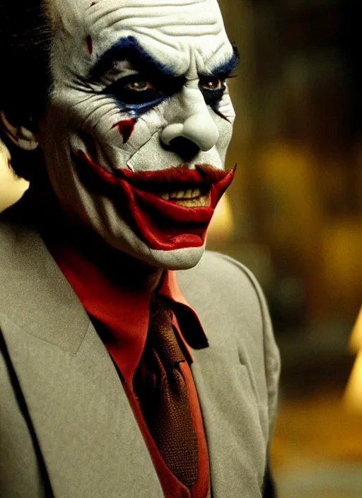 Prompt: film still of tom selleck as the joker in the dark knight, 4 k