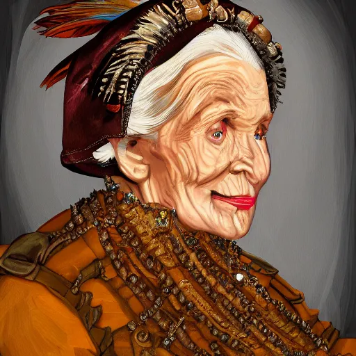 Image similar to portrait headshot digital painting of a old 17th century old lady cyborg merchant, amber jewels, clorful feathers, baroque ornate clothing