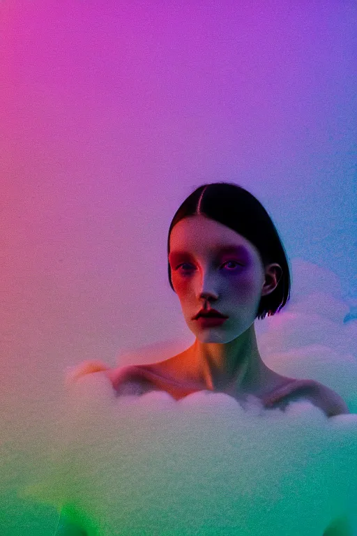 Image similar to high quality pastel coloured film close up wide angle photograph of a model wearing clothing swimming on cloud furniture in a icelandic black rock!! environment in a partially haze filled dreamstate world. three point light, rainbow. photographic production. art directed. pastel colours. volumetric clouds. pastel gradient overlay. waves glitch artefacts. extreme facial clarity. 8 k. filmic.