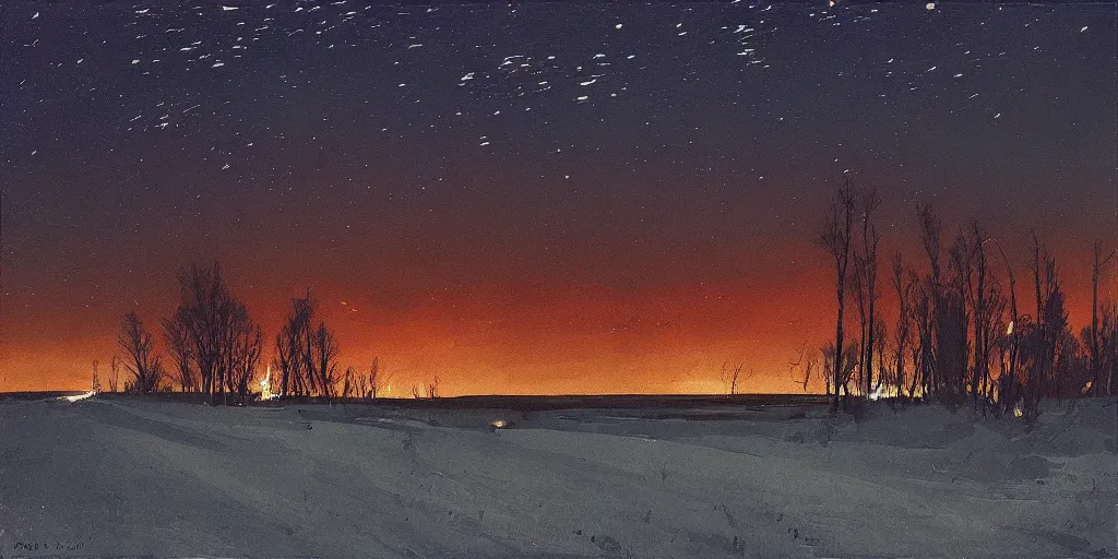 Image similar to “Eastern Front battlefield, nighttime, winter, illuminating flare shot up into the sky, stars visible, painting in the style of Isaac Levitan”