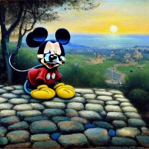 Image similar to Mickey mouse sitting on a cobblestone wall, watching the sunset, painting by Viktor Vasnetsov, highly detailed, oil on canvas, cinematic shot, dramatic lighting, award-winning