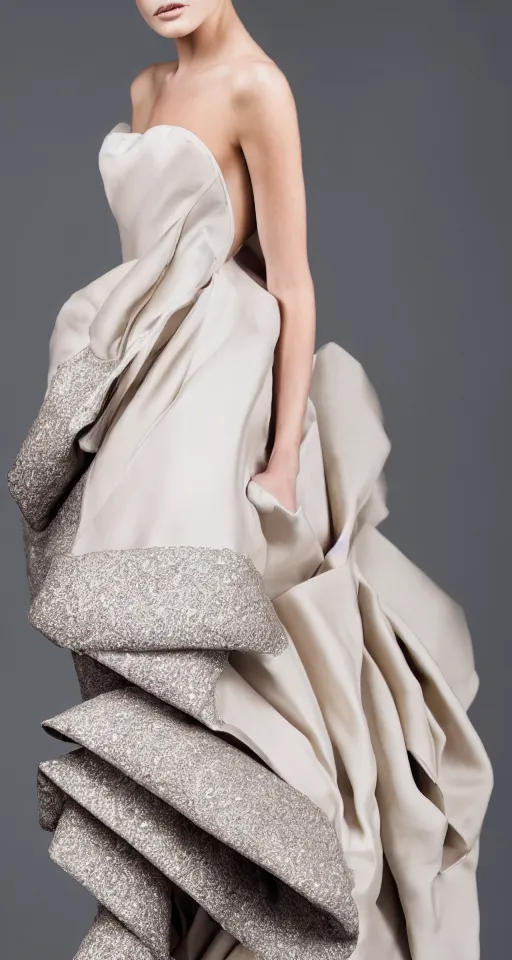 Prompt: haute couture, fold layered flutter, heavy fabric full piece, volume aesthetic, romantic and light tones scheme, sigma 8 5 mm f _ 8, high detail