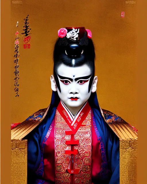 Image similar to photo of a Dramatic Peking Opera male character with hindi Sanskrit devanagari words painted on face in the style of stefan kostic, realistic, sharp focus, symmetric, 8k high definition, insanely detailed, intricate, elegant, art by stanley lau and artgerm, hindi manuscript, hindi font, William-Adolphe Bouguereau