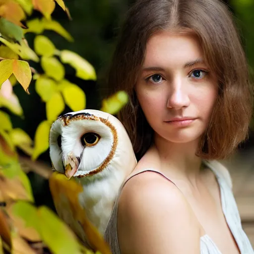 Image similar to portrait photograph of beautiful!!!! young female , symmetric face!, symmetric eyes, slight smile, natural light, wearing a yellow kimono!! with a very detailed barn owl! on her shoulder in a tropical greenhouse. looking at the camera!!. golden crown made of golden leaves. super resolution. Extremely detailed. Graflex camera!, bokeh!!!!!.